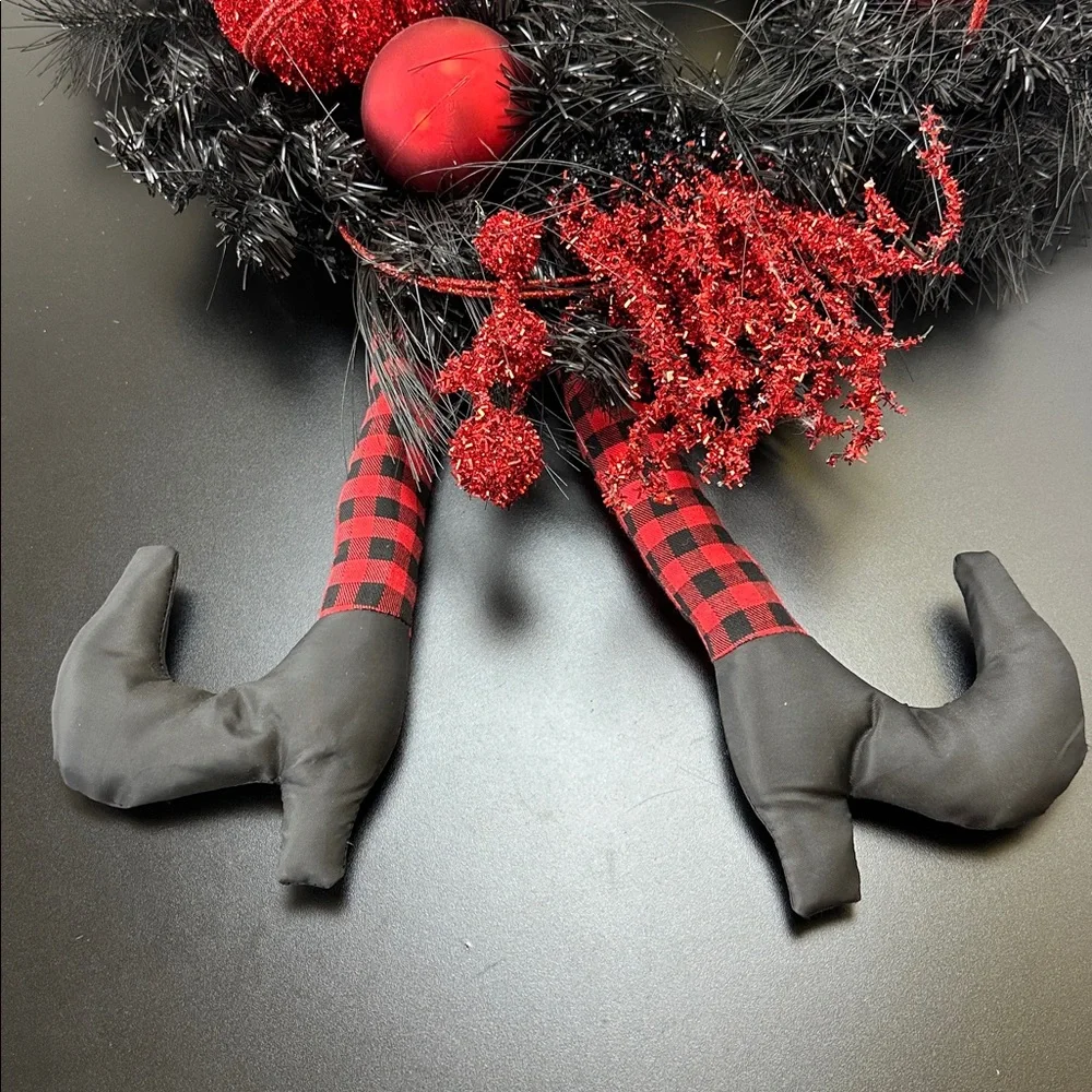 Bella Lux Halloween Witch Leg Wreath Red Black Glitter Baubles Pumpkin Hat Broom